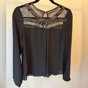 AKIRA Black Lace Yoke Long Sleeve Blouse with Faux Leather Trim